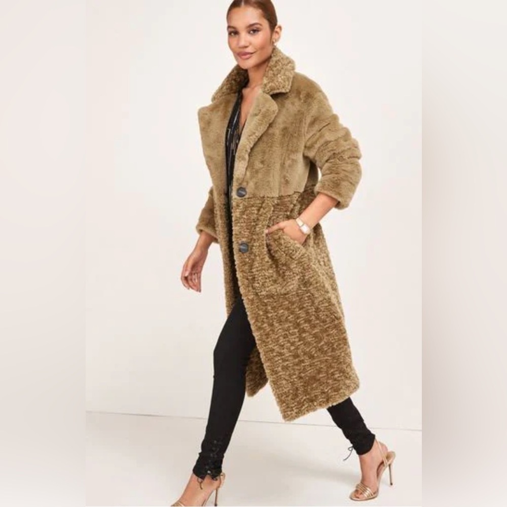 NEXT Direct Olive Green Longline Faux‎ Fur Teddy Borg Mix Coat Size US 10